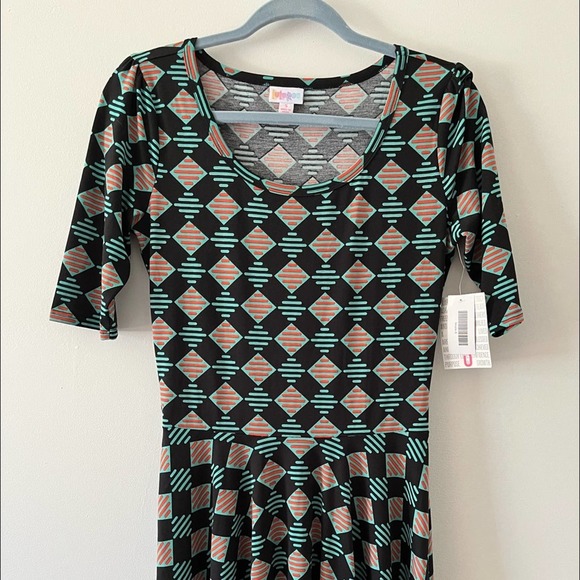 LuLaRoe NWT Black Mint Green Orange Geometric Print Dress Small - Picture 3 of 11